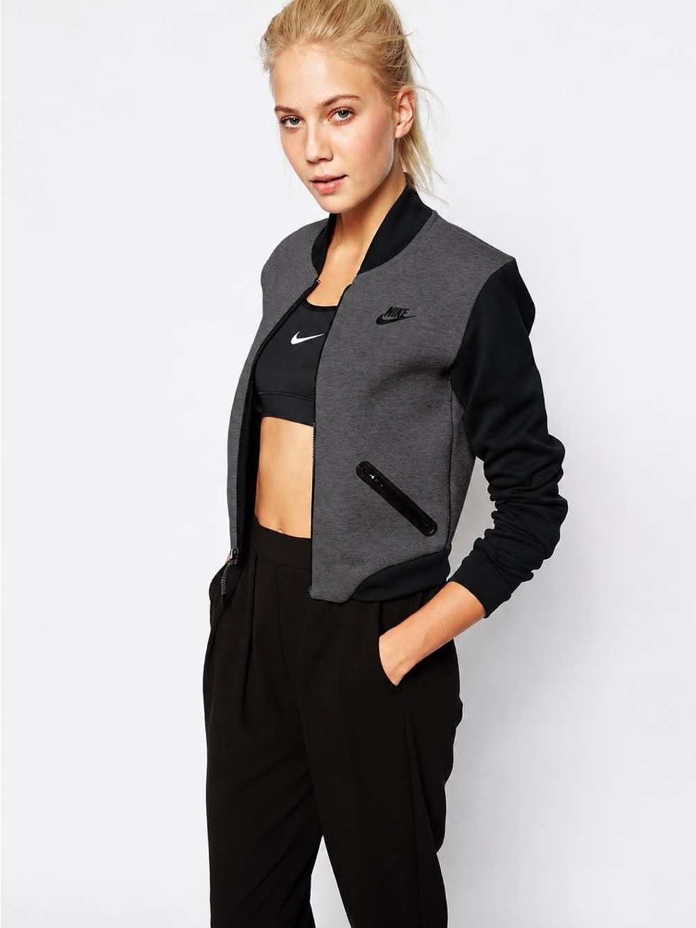 Nike Tech Fleece Bomber Jacket Women’s Large Gray Black Full Zip Cropped